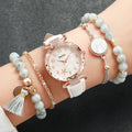 5PCS/Set Women's Watch Fashion Flowers Dial Leather Band Quartz Watches Beads Bracelet Set（Without Box）