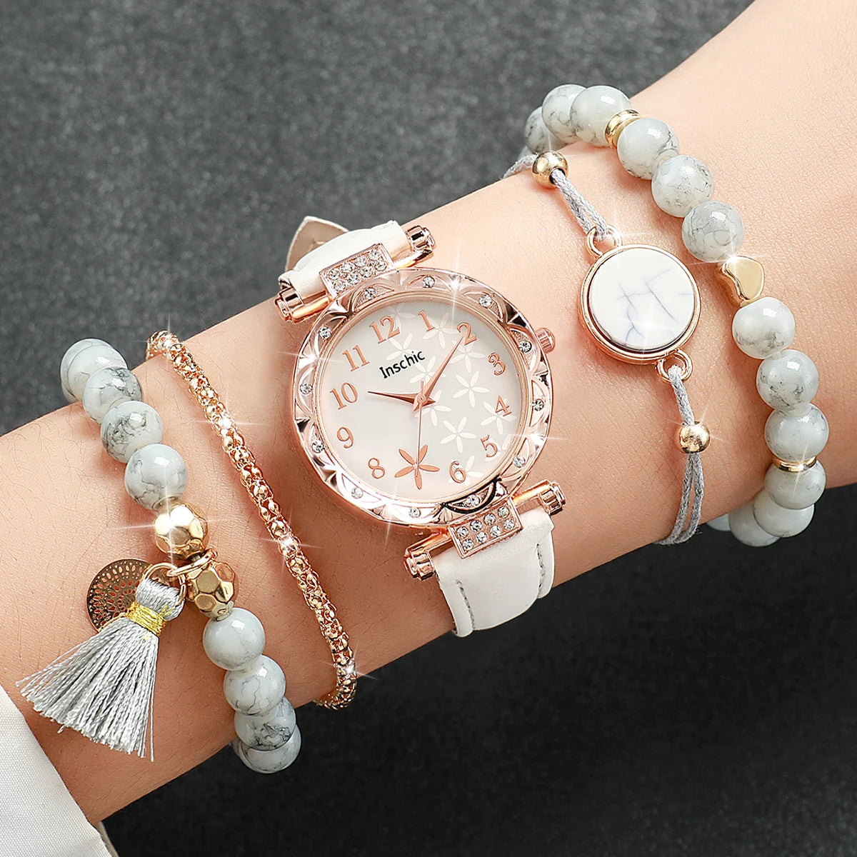 5PCS/Set Women's Watch Fashion Flowers Dial Leather Band Quartz Watches Beads Bracelet Set（Without Box）