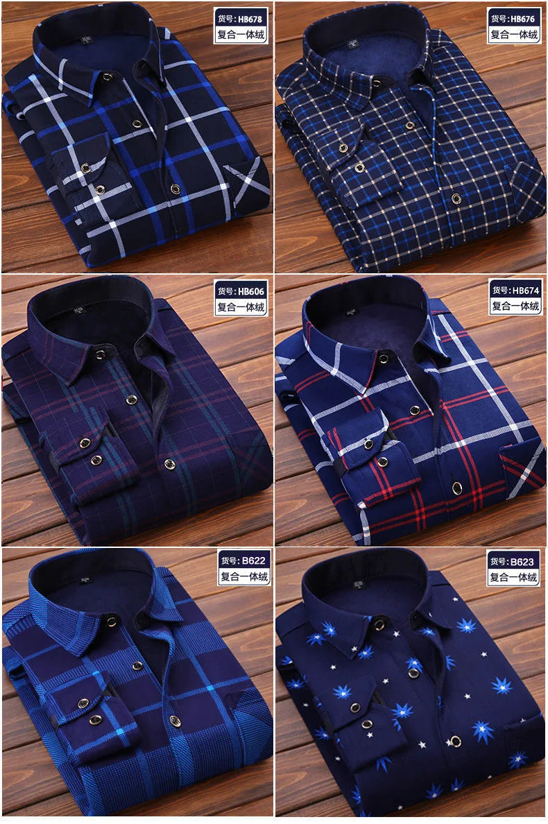 2025 Men's Winter Warm Long Sleeve Plaid Shirts Flannel Fur Lined Thick Formal Shirts Fleece Casual Shirt for Men Dress Shirts