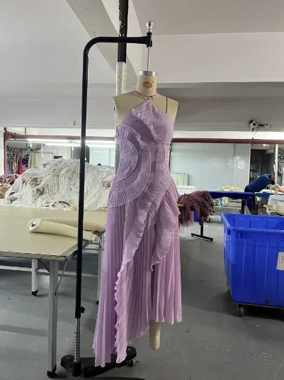 Elegant Neck Strap Ruffles Evening Gown Solid Folds A Line Lace Up Backless Sexy Party Dress 2025 New Party  Vacation Y2k Robe