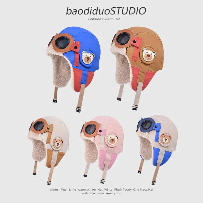 Winter Children Cute Pilot Glasses Lei Feng Hat Boys And Girls Thick Plush Warm Ear Protection Hats