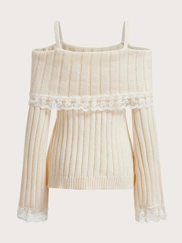 Grunge Women Off Shoulder Knit Sweater Pink Pullover Sweet Pullovers  Long Sleeve Bow Lace Patchwork Jumpers Y2k Streetwear