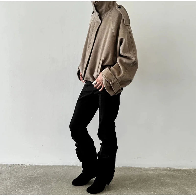 Elegant Women's Short Woolen Coats Stand Collar Double Breasted Long Sleeve Female Jacket 2025 Autumn Winter Lady Warm Outwear