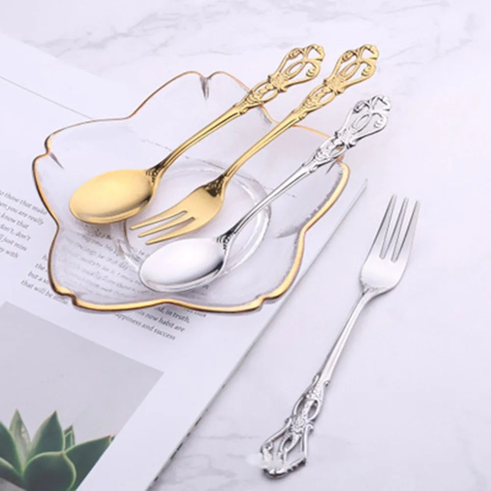 1 Pair Vintage Gold Spoon Fork Cutlery Set Stainless Steel Luxury Dessert Spoon Outdoor Tableware Camping Cooking Supplies