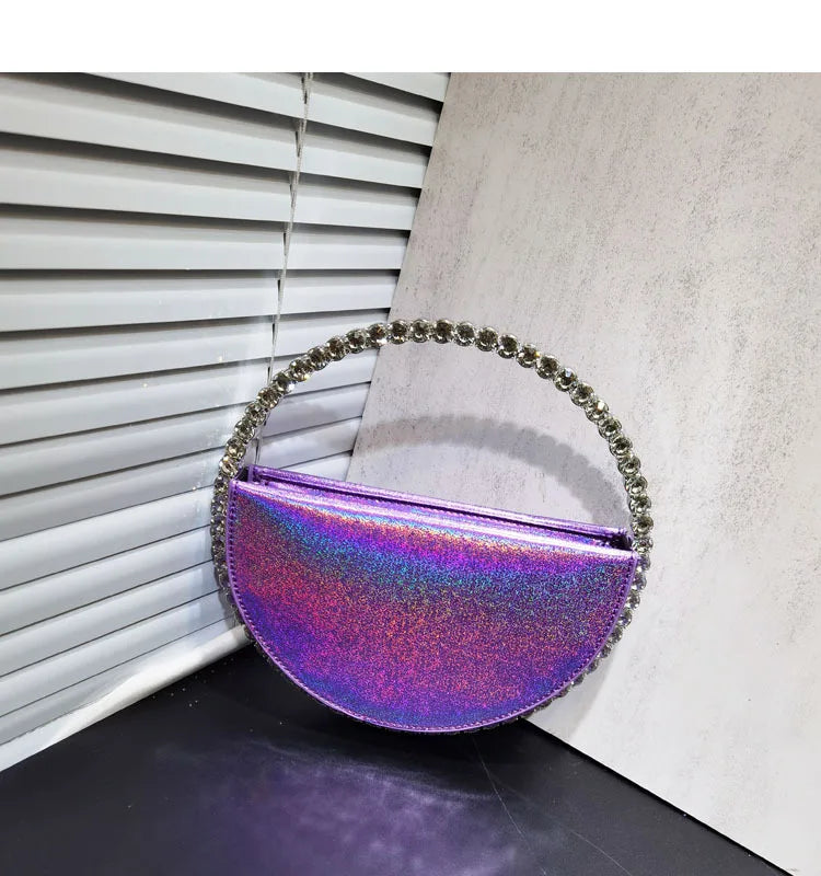 Lady Blue/Pink Diamond Circular Evening Bag Women Fushia Round Handle Rhinestone Dinner Clutch Purse Ladies Half Moon Handbags