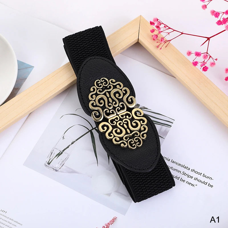 Korean Fashion Ladies Rose buckle Decorated Elastic Wide Belt Buckle Dress Sweater Sweater Waist Belt for Woman