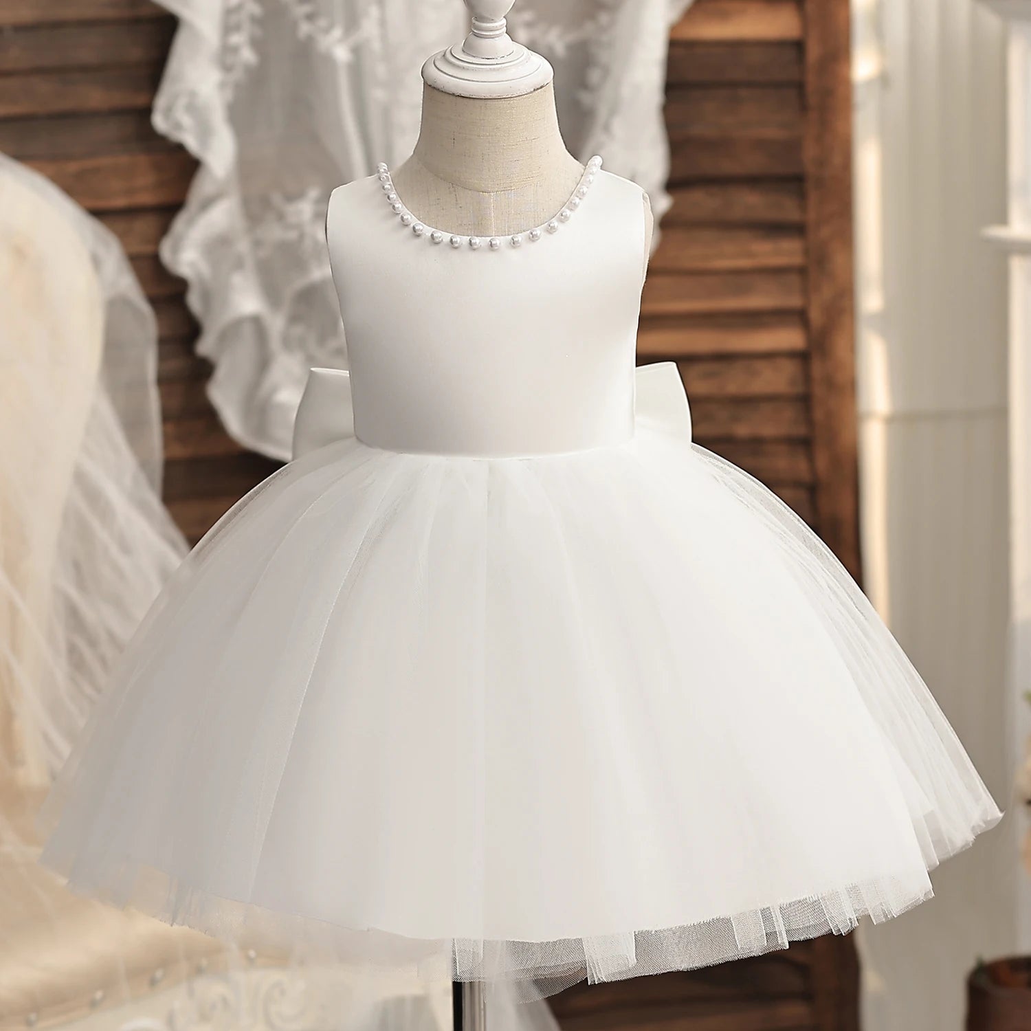Flower Girl Dresses for Wedding Kids Backless Tulle Tutu  Princess Prom Party Clothes Baby 1st Birthday Baptism White Dress