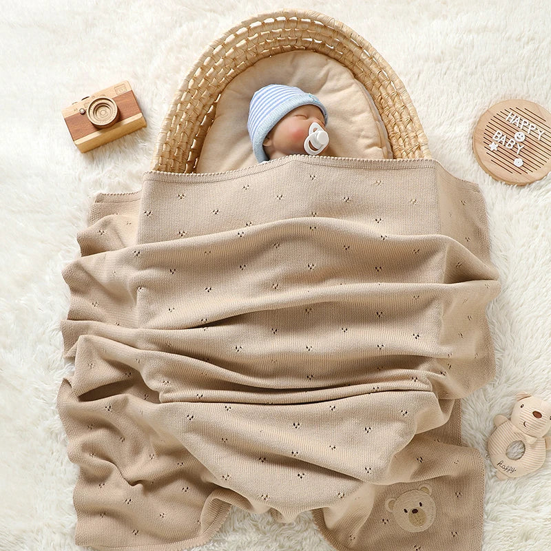 Baby Blankets Cotton Knit Newborn Girl Boy Bed Quilt 100*80CM Plaid Infant Stroller Swaddling Fashion Solid Cute Bear Super Soft