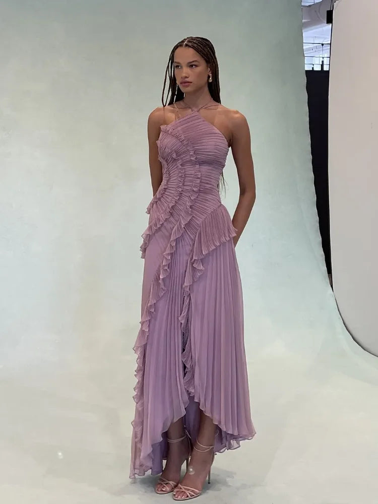 Elegant Neck Strap Ruffles Evening Gown Solid Folds A Line Lace Up Backless Sexy Party Dress 2025 New Party  Vacation Y2k Robe