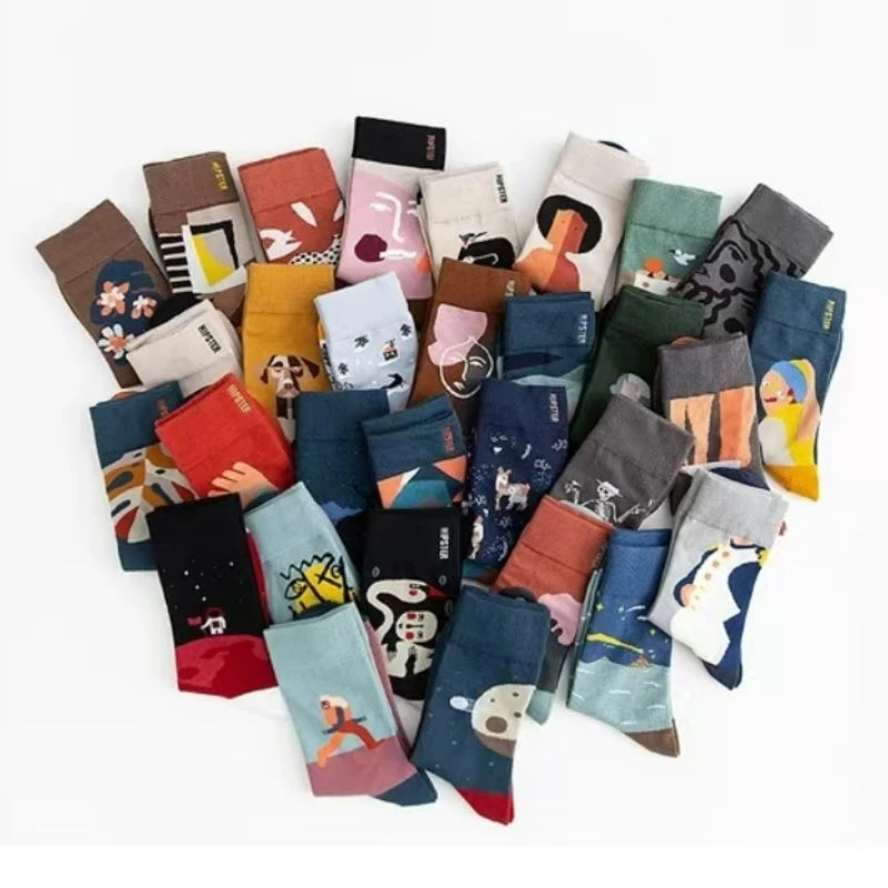 Colorful Funny Cotton Men Crew Socks Hip Hop Novelty Painting Style Skate Street Designer Harajuku Gift Happy Black Yellow Cool