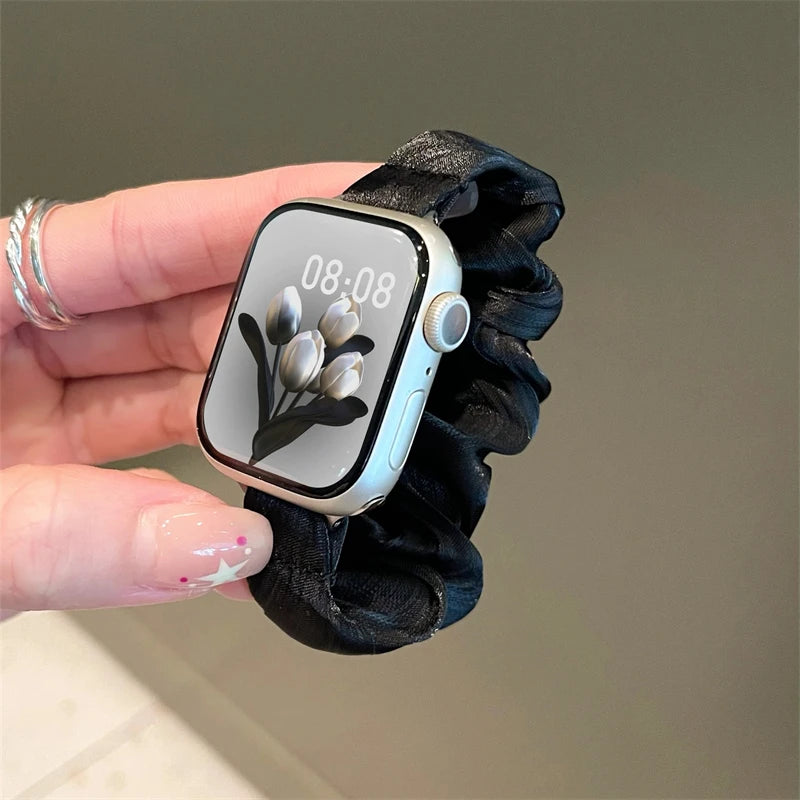 INS Chiffon Ice Silk Elastic Scrunchie Strap For Apple Watch 7 8 6 5 4 Slim Girl Band Loop Bracelet For iWatch 41mm 40 44 45 49