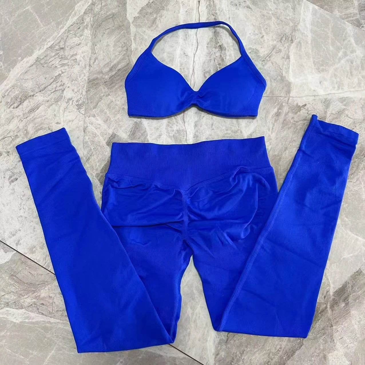 Seamlessyoga Set Women Workout Scrunch Leggings Set Strappy Halter Sports Bra Fitness Gym Clothing Workout Set 2 Pieces