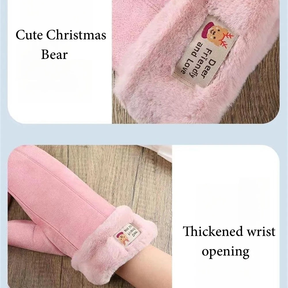 Women's Suede Plush Hanging Neck Gloves Winter Warm Windproof Gloves Outdoor Skiing Cold-Proof Student Mittens Christmas Gift