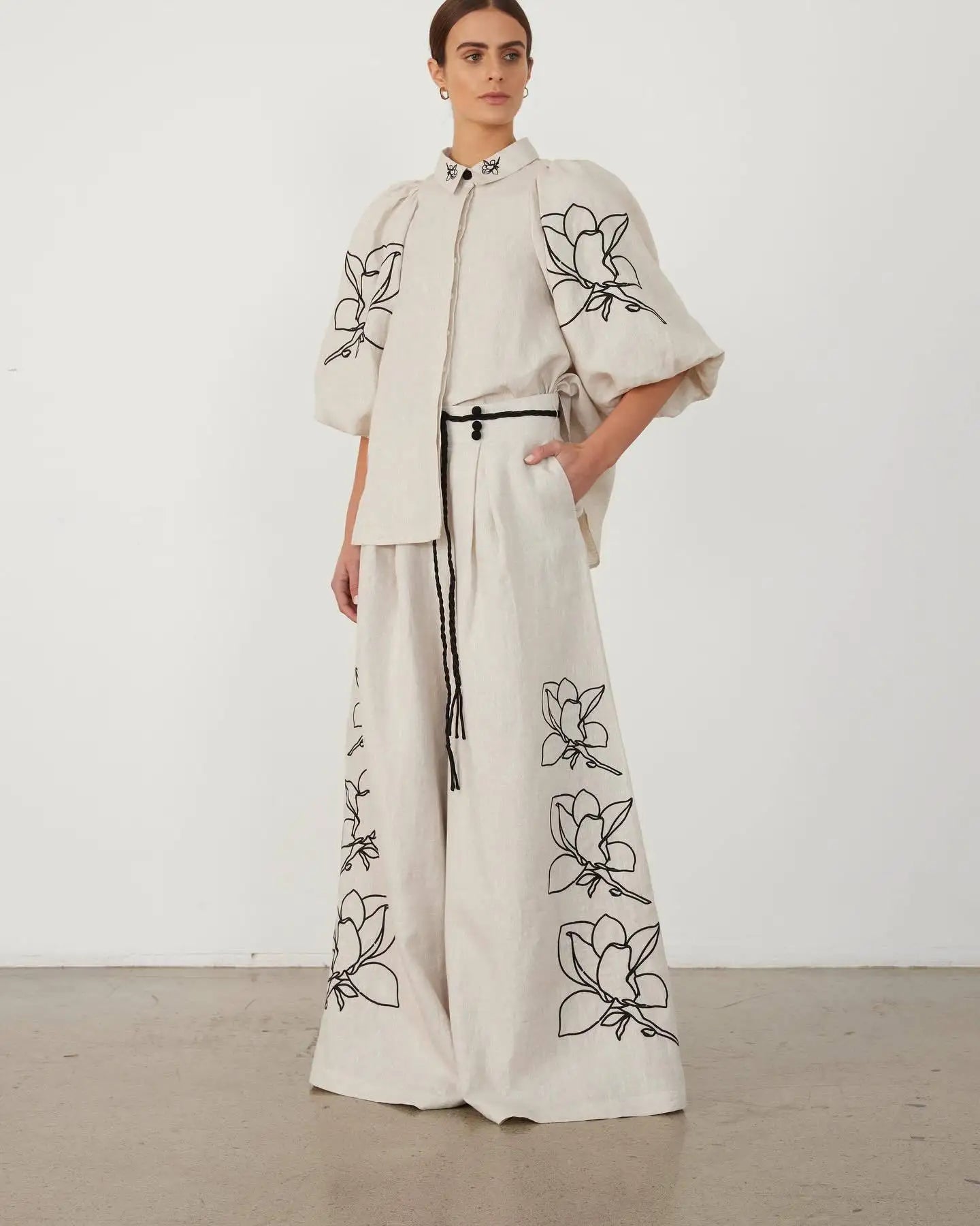 Women Lounge Sets Cotton Linen Stand Collar Lantern Sleeve Loose Flower Tops Wide Leg Oversize Pants Suit Casual Women Outfits
