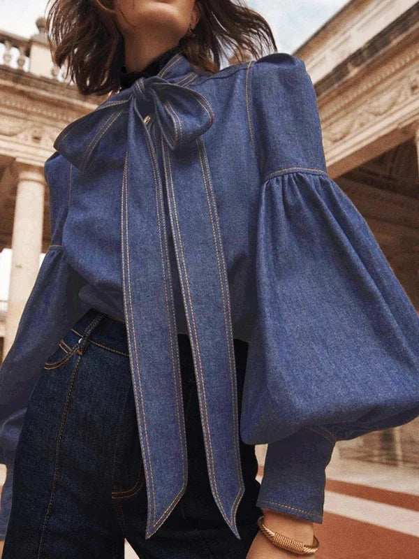 Beautyblue Elegant Women's Imitation Denim Blouse Tops Spring 2025 New Fashion Puff Sleeves Bow-Embellished Female Shirts S-3XL
