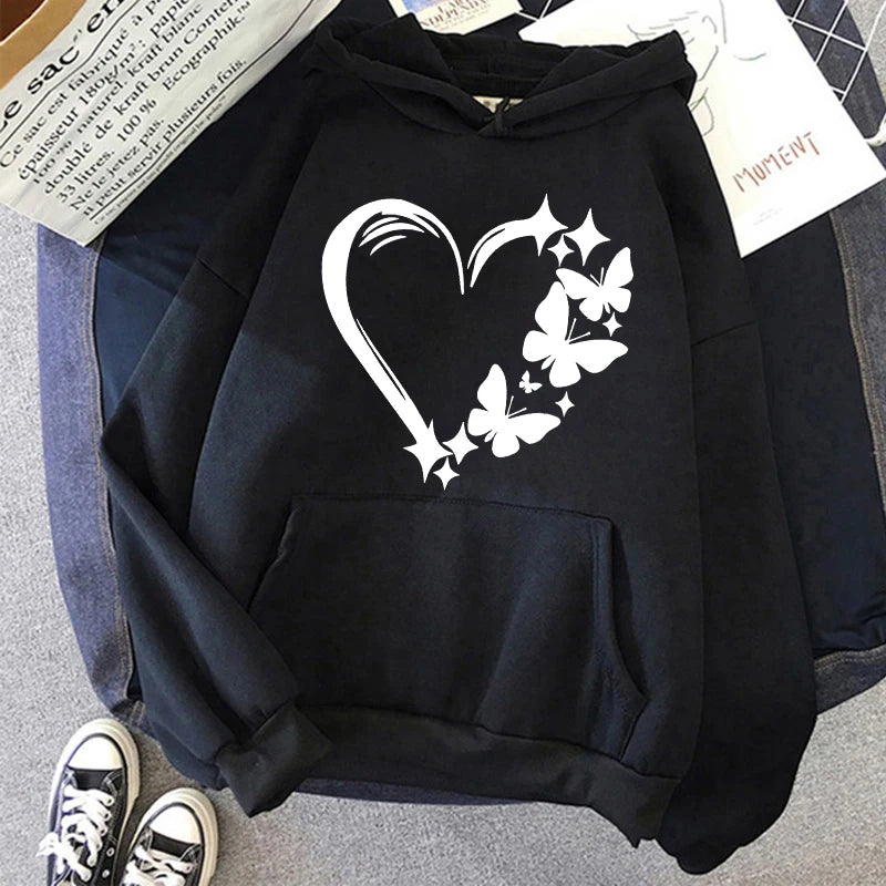 Combination of Love and Butterfly Pattern Long Sleeve Hoodies Women's Trendy Pocket Sweatshirt  Vintage Y2k Hooded Clothing