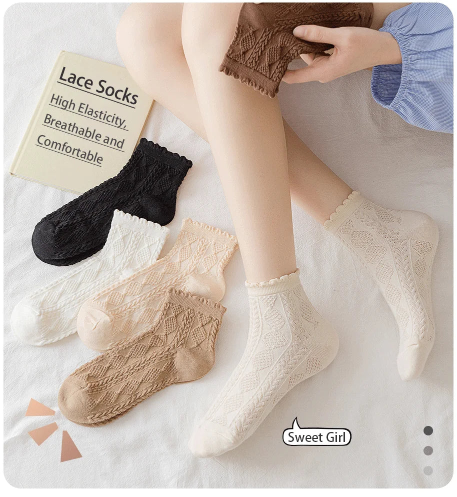 6 Pair Women Is Summer Thin Gradient Solid Cotton Simple Sweet Cute Socks Comfortable Wood Ear Edge Lolita Fashion Wear