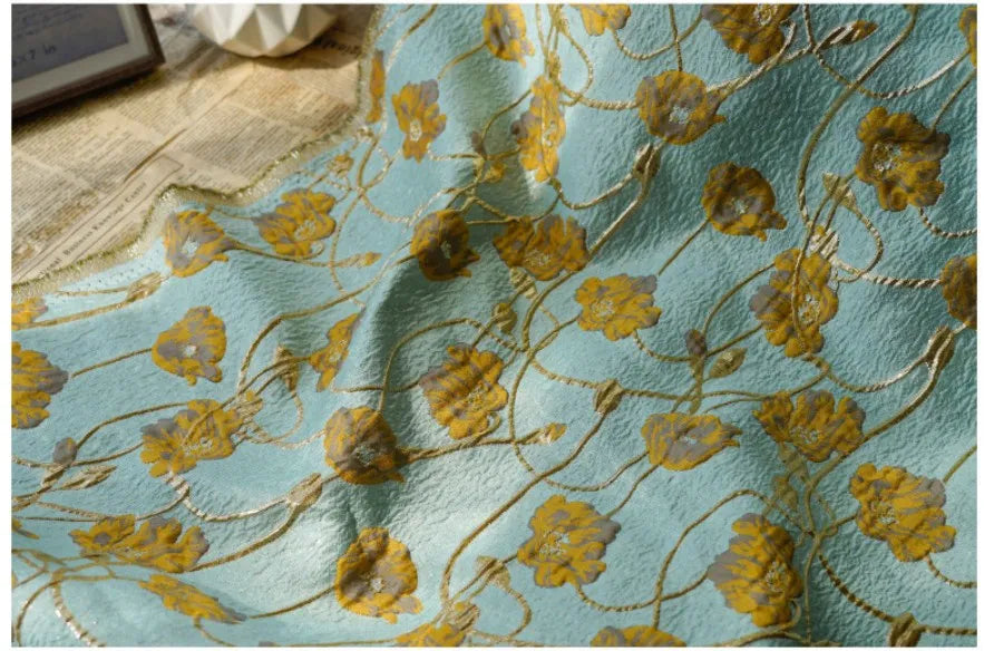 Lake Green Gold Silk Embossed Yarn Dyed Jacquard Fabric Spring Autumn Tutu Skirt Palace Style Dress Making Fabric 50cmx140cm