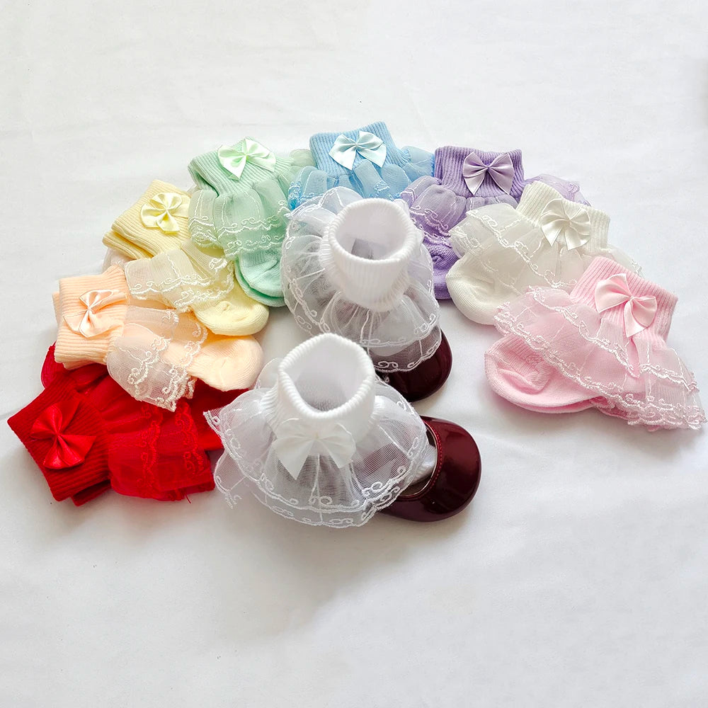 0-9Y Baby Cotton Socks With Lace Girls Ankle Socks Bows Toddlers Floor Sock Cute Frilly Socks For Children Girls Princess Sock
