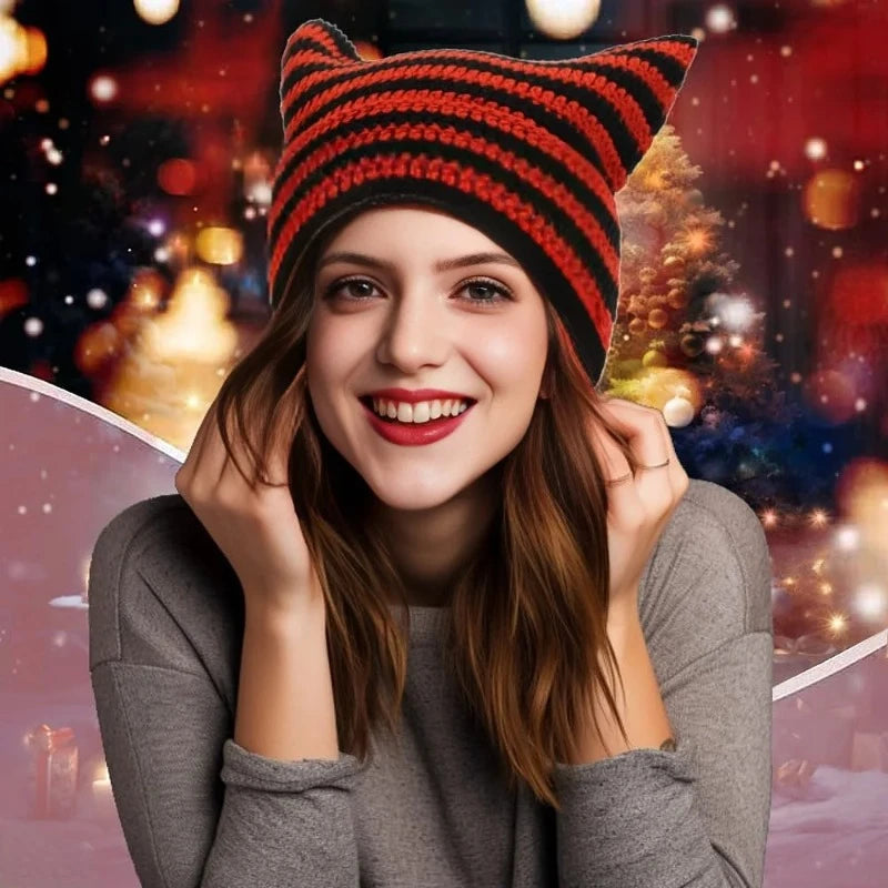 New Japanese Streetwear Harajuku Beanie Little Devil Striped Knitted Hat Women Girls Autumn Winter Cute Cat Ears Cap