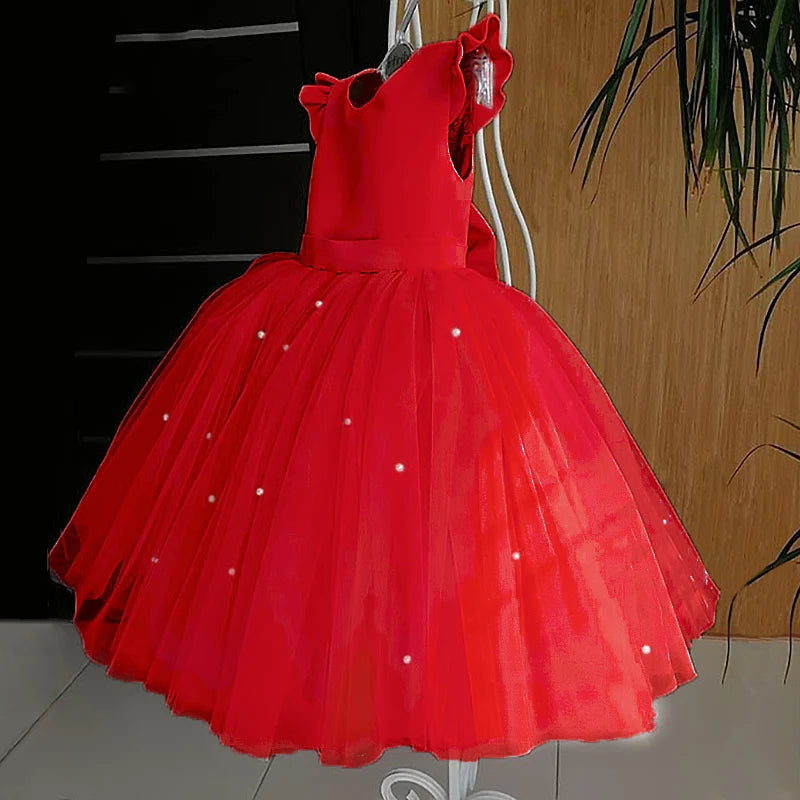 Toddler Girl Flower Birthday Tulle Dress Backless Bow Wedding Gown Kids Party Wear Princess Pink Outfit Baby Girls Bowknot Dress