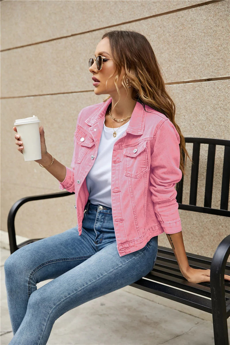 2023 Women's Short Denim Jackets Fashion Female Casual Long Sleeve Lapel Solid Button Pocket Slim Jean Jacket Fall Winter Coat