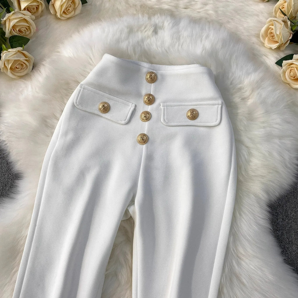 White Micro Flared Pants Spring Summer High Waist Metal Button Slim Fit Floor Length Trousers Elegant Commuting Suit Pants Women