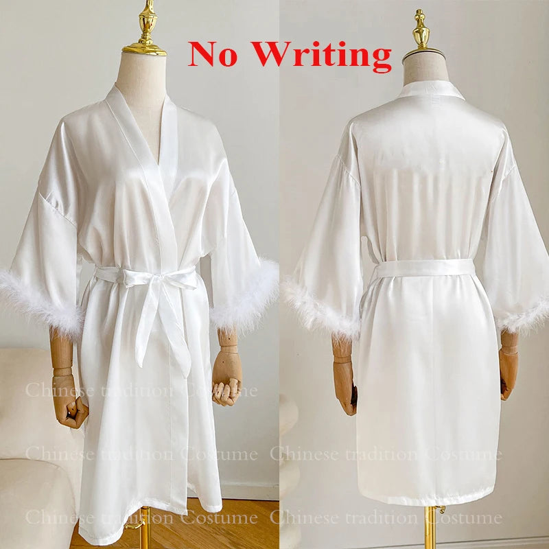 White Bride Wedding Robe with Feathers Women Satin Peignoir Sexy Bridesmids Kimono Gowns Short Bathrobe Bridal Intimate Lingerie