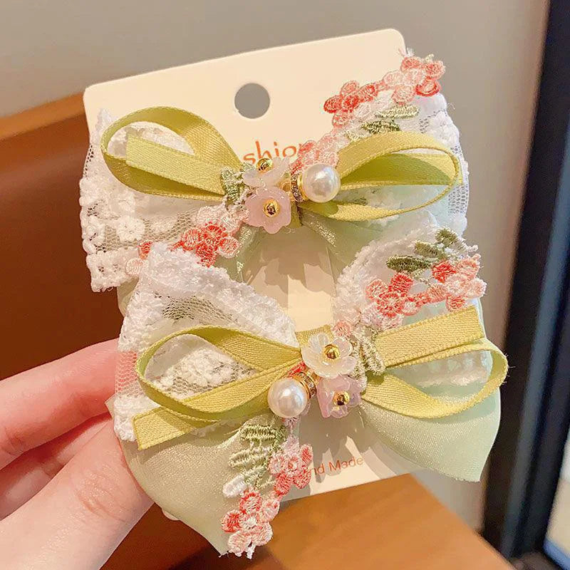 2PCS/Set Cute Flower Embroidery Bow Hair Clips for Baby Girl Sweet Bowknot Duck Tongue Clips Kids Barrettes Fairy Headdress