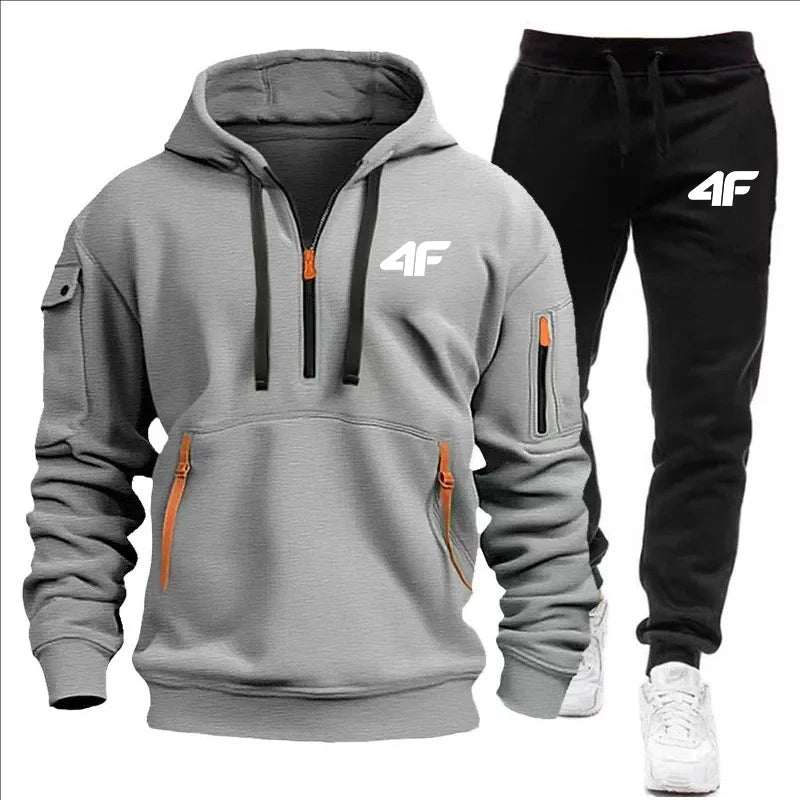 Men's tracksuit zipper hood multi-pocket and protective pants casual jogging tracksuit fall/winter 2-piece setLarge size S-3XL