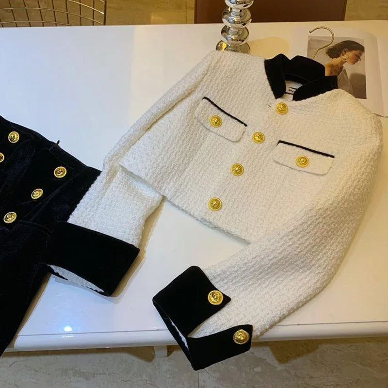 Fashion Stitching Tweed Short Jacket Women Autumn Winter Elegant Office Lady Coat Y2K Korean O Neck Single Breasted Crop Outwear