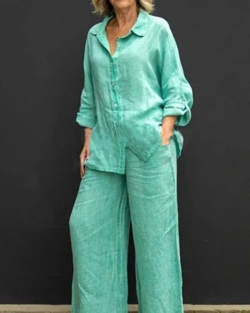 Solid Color Linen Two Piece Sets Women Outfits Spring Autumn Simple Long Sleeve Shirt Loose Trousets Set Office Casual Suit