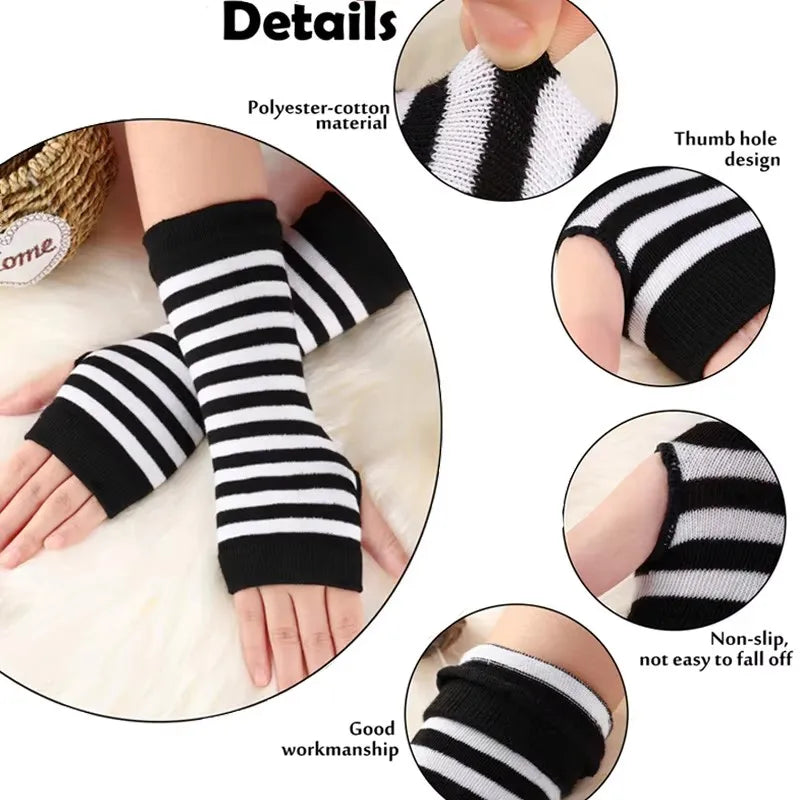 Striped Fingerless Gloves Arm Warmers Cotton Elbow Protection Warm Bracelet Gloves for Cold Weather Daily Casual Outdoor Wear
