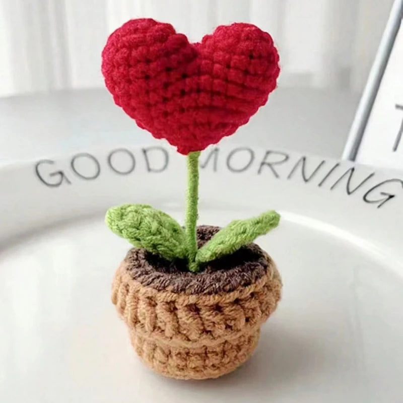 1-3pcs Handmade Knitted Flower Pot Red Heart Shaped Fake Plant Christmas Valentine's Day Mothers Day Gift Home Table Decoration