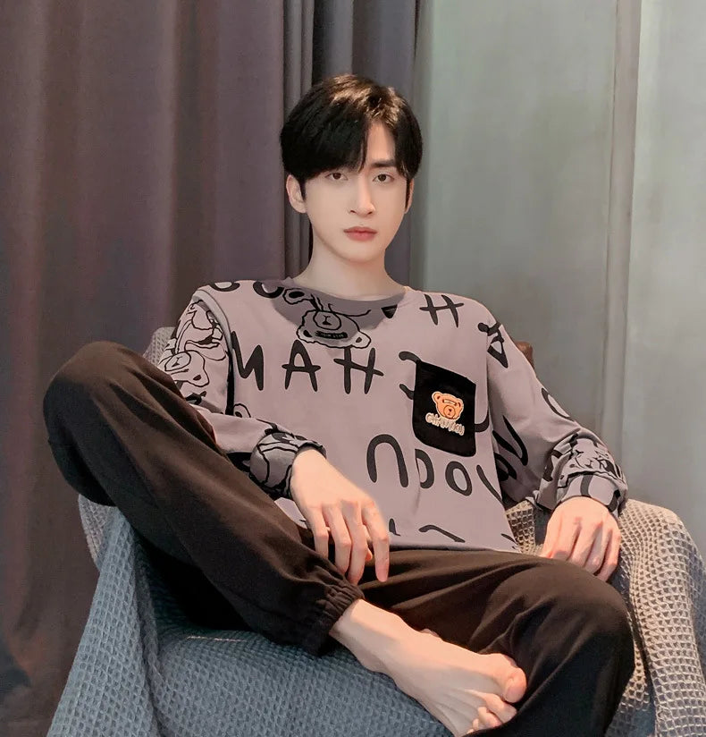 Plus Size Men Pajamas Autumn Winter Long-Sleeved Loose Leisure Cartoon Bear Striped 2PCS/Set Black O-Neck Soft Casual Loungewear