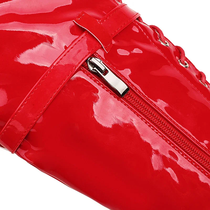 Women Sexy Cross Tied Thigh High Boots Pointed Toe Thin High Heels Over The Knee Boots Patent Leather Shoes Woman 33-46