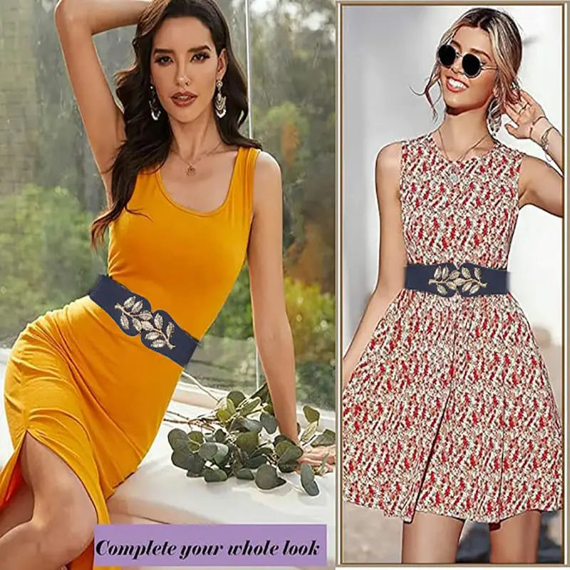 Women's Waist Cover Fashionable Gold Leaf Elastic Waist Closure With Double Hook Buckle Wide Belt Paired With Skirt Women Belt