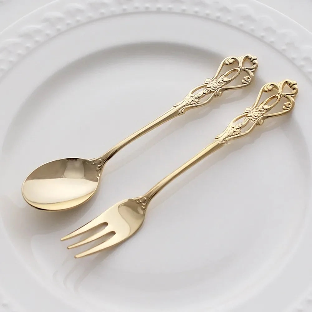 1 Pair Vintage Gold Spoon Fork Cutlery Set Stainless Steel Luxury Dessert Spoon Outdoor Tableware Camping Cooking Supplies