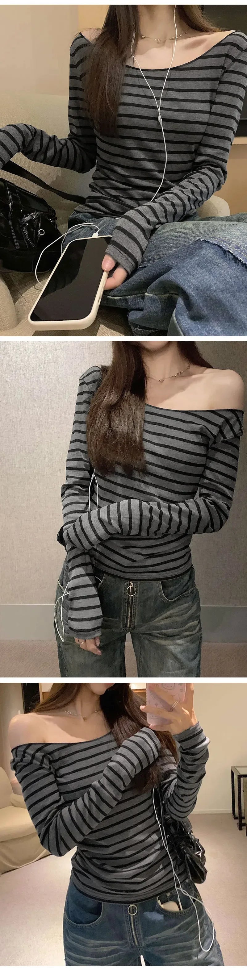Spring Fall Women's New Japanese Basic Models Slim Long-Sleeved Striped t-Shirt Strapless Korean Street Style y2k Thin Tops
