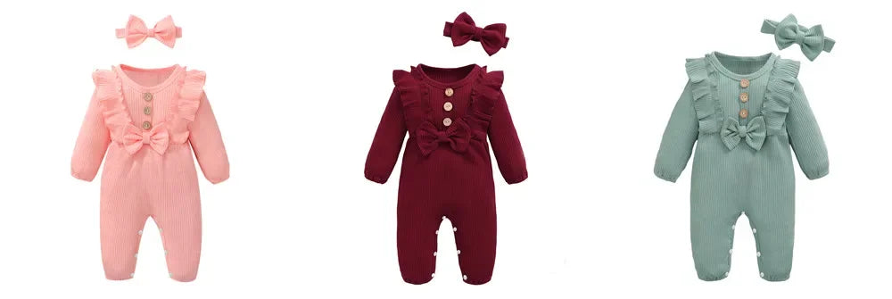 Newborn Baby Girl Romper Long Sleeved Ruffle Bodysuit with Headband Autumn & Winter Onesie Outfit Clothing for Baby 0-18 Months