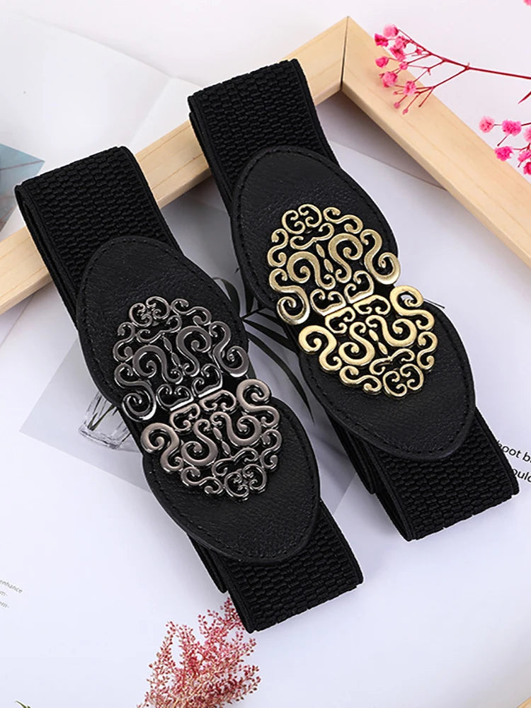 Korean Fashion Ladies Rose buckle Decorated Elastic Wide Belt Buckle Dress Sweater Sweater Waist Belt for Woman