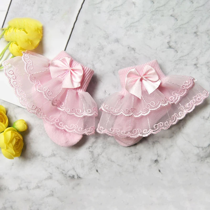 0-9Y Baby Cotton Socks With Lace Girls Ankle Socks Bows Toddlers Floor Sock Cute Frilly Socks For Children Girls Princess Sock