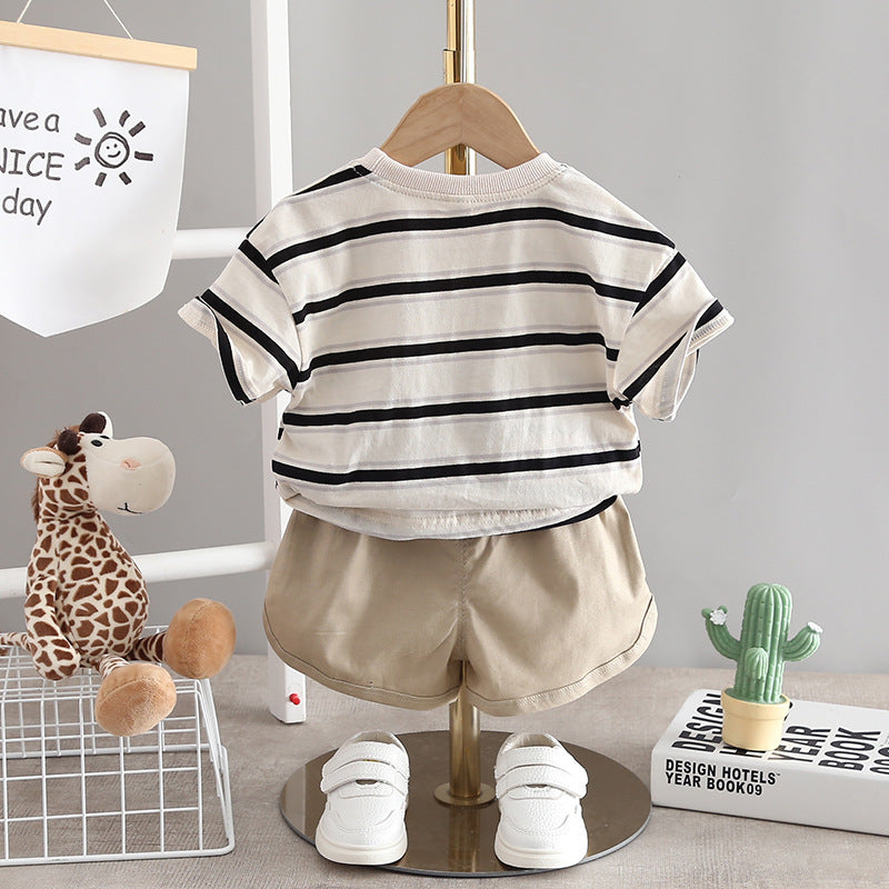Boys Striped Casual Outfit Round Neck T-shirt & Shorts Kids Summer Clothes Sets