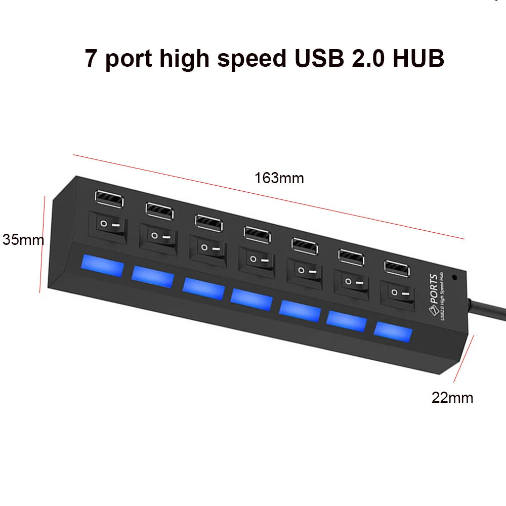 High Speed 4/7 Ports USB HUB 2.0 Adapter Expander Multi USB Splitter Multiple Extender with LED Lamp Switch for PC Laptop