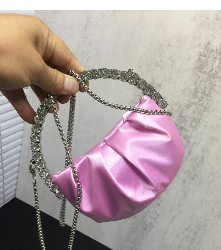 Lady Blue/Pink Diamond Circular Evening Bag Women Fushia Round Handle Rhinestone Dinner Clutch Purse Ladies Half Moon Handbags