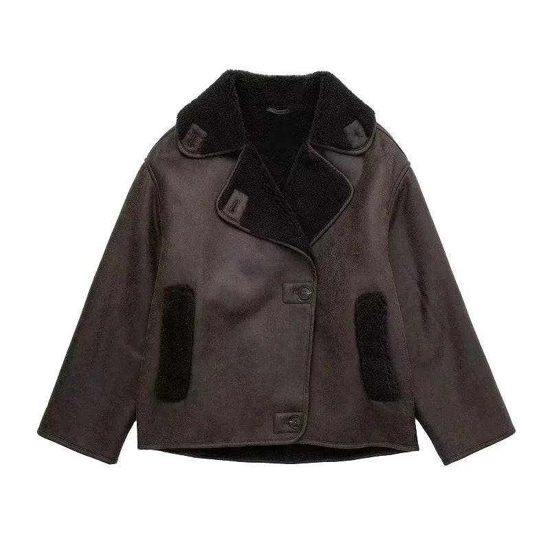 TRAF Woman Thick Faux Leather Jackets for Women Coat Autumn Winter Warm Wool Blends Coats Demi-season Plush Jacket Outerwear