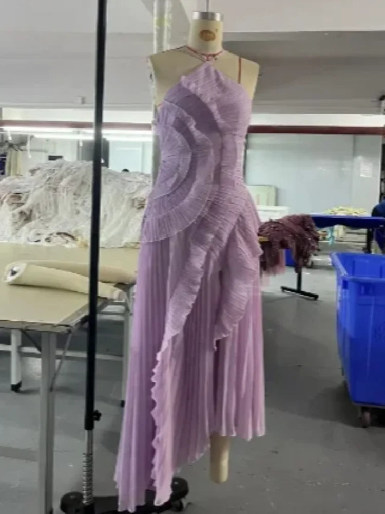 Elegant Neck Strap Ruffles Evening Gown Solid Folds A Line Lace Up Backless Sexy Party Dress 2025 New Party  Vacation Y2k Robe