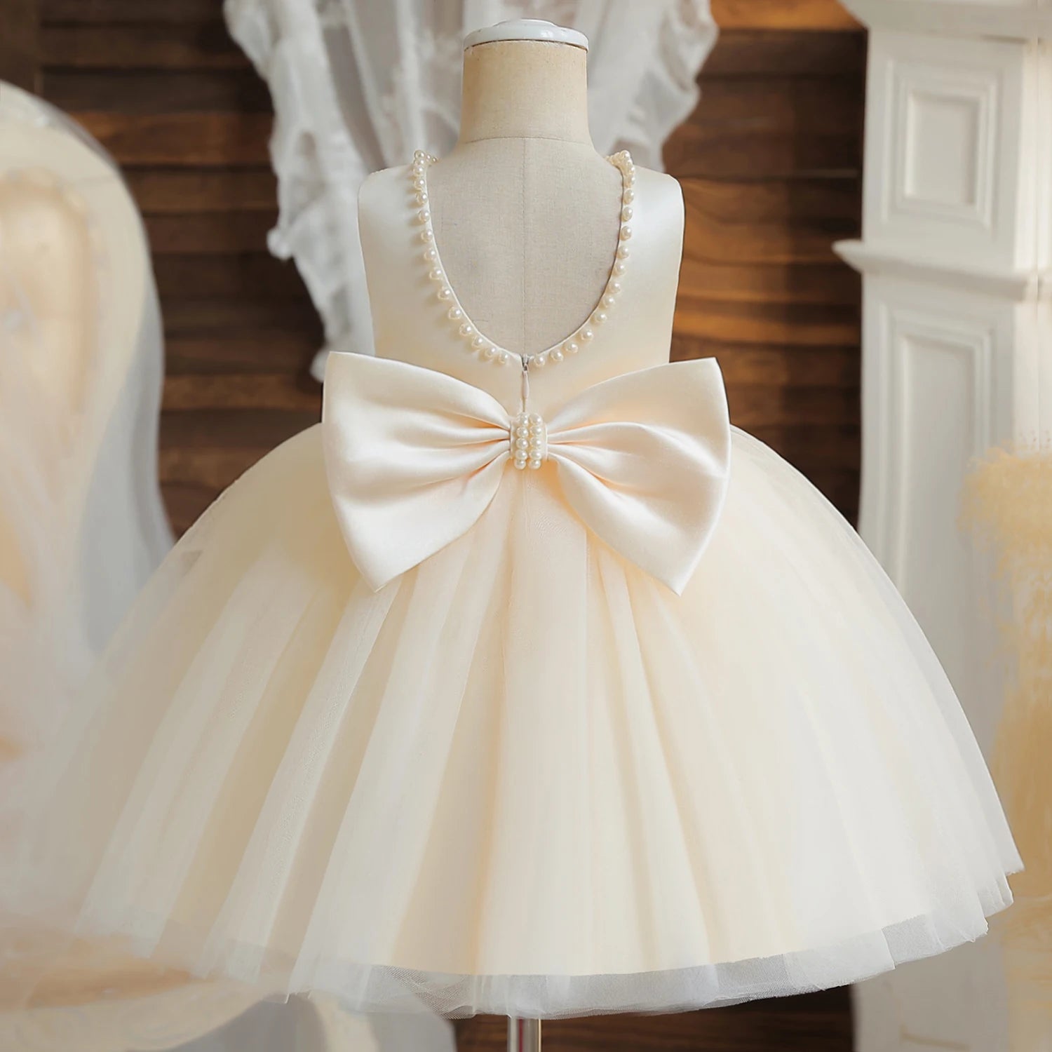 Flower Girl Dresses for Wedding Kids Backless Tulle Tutu  Princess Prom Party Clothes Baby 1st Birthday Baptism White Dress