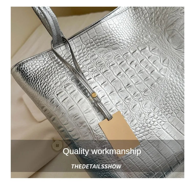 Fashion Casual Women Shoulder Bags Silver Gold Black Crocodile Handbag PU Leather Female Big Tote Bag Ladies Shopping Bag