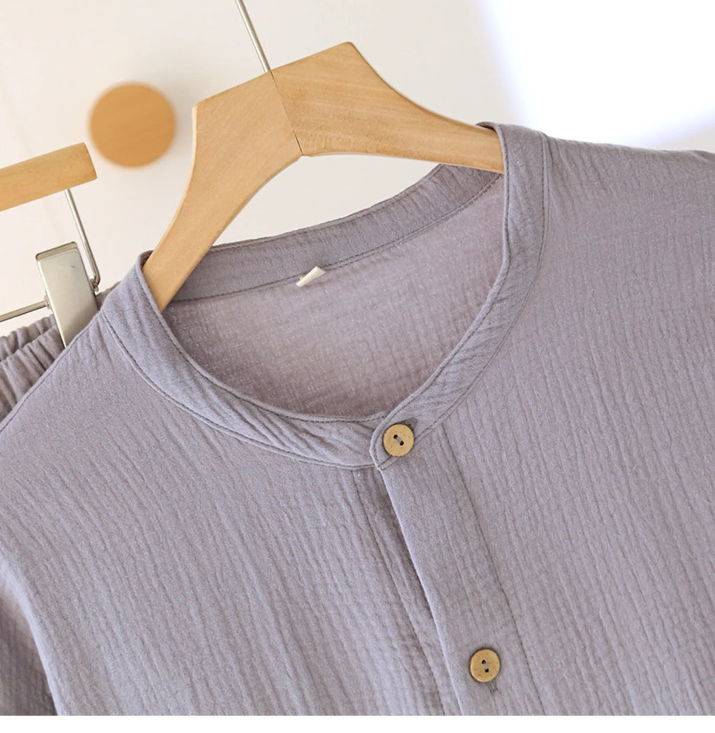 Men's Cotton Double-layer Gauze Pajamas Round Neck Long Sleeved Cardigan Home Trousers Pajamas Set for Spring and Summer
